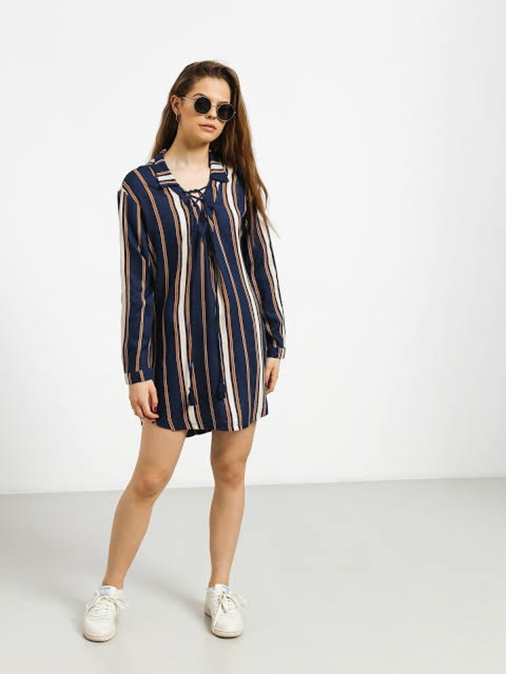 NWT Roxy Lonely For You 2 Striped Shirt Dress - Navy/Gold/White